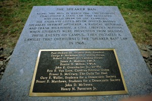 Students researched the history of the speaker ban; this UNC marker commemorates the overturning of the ban. (photo by Dan Sears)