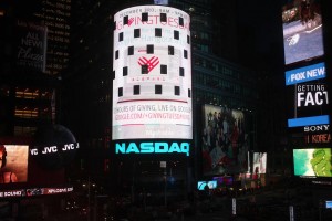 Thomas helped to advertise a 'Hangout-a-thon,' which raised money for social causes, on this electronic board in Times Square.
