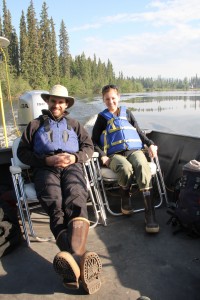 Geologist Tamlin Pavelsky and graduate student Elizabeth Humphries conduct research along the Tanana River in central Alaska. (photo by Paul Bates)