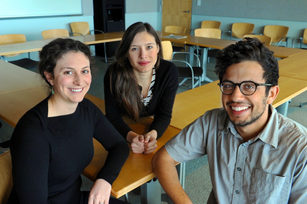 Sarah Miller Frazer, left, Andreina Malki and Sijal Nasralla are three of the 10 students in the inaugural class of the new M.A. in Global Studies program. (photo by Donn Young)