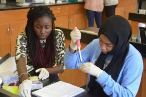Ebahi Ikharo (left) and Moza Hamud in the seafood forensics course extract DNA from tuna sushi samples. Seafood mislabeling is a significant global problem. (photo by John Bruno)
