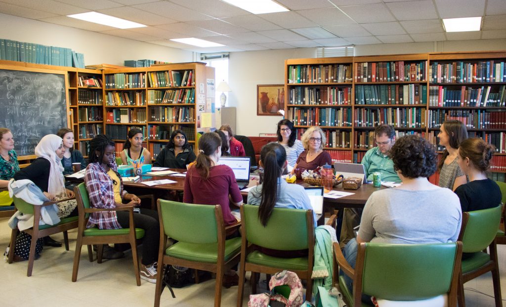 Faculty and students discuss health humanities projects in the HHIVE lab, founded by English professors Jane Thrailkill and Jordynn Jack. One project examined the impact that writing about diabetes had on the health of patients. (photo by Kristen Chavez)