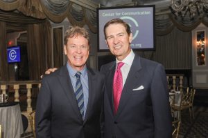 Ken Lowe, right, with his former roommate, radio personality Rick Dees, at a 2014 Center for Communication event. 