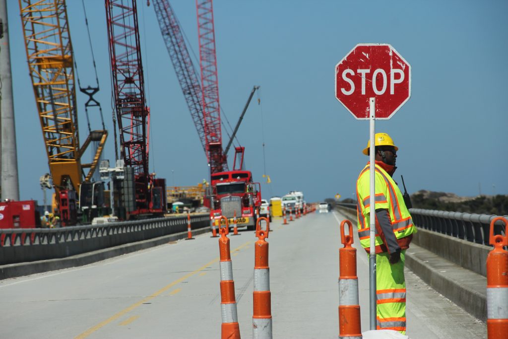 The Herbert C. Bonner Bridge connects Ocracoke and Hatteras islands to the Northern Outer Banks. The bridge is in the middle of a major replacement project after decades of severe weather, heavy traffic and beach erosion have taken their toll. (photo by Alyssa LaFaro)