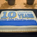 The FedEx Global Education Center is a vibrant hub for many of the College’s and University’s global programs. (photo by Kristen Chavez). Pictured is a cake that says "Celebrate 10 Years: FedEx Global Education Center."