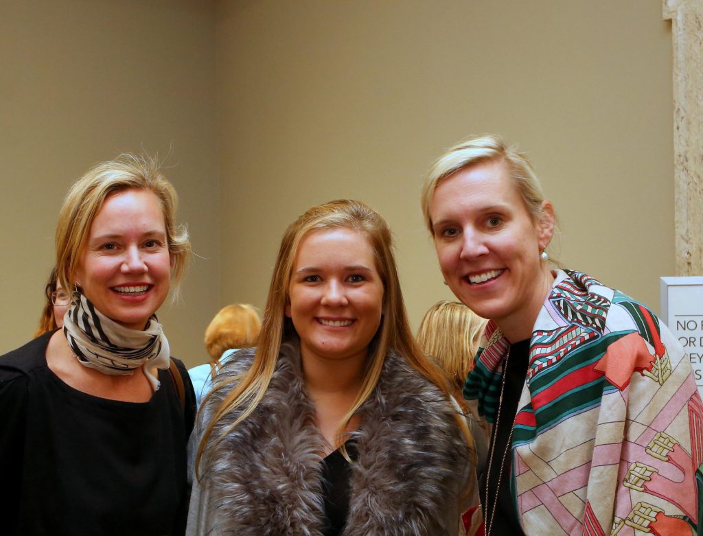 Kate Caldwell Nevin (left) with Mary Lawson Burrows ’20 and Molly McNairy at a reception for the Ackland Art Museum exhibition, “Becoming a Woman in the Age of Enlightenment.” (photo by SP Murray)