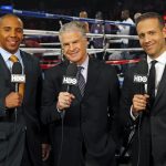 From left, Andre Ward, Jim Lampley and Max Kellerman prepare to call an HBO World Championship Boxing card.